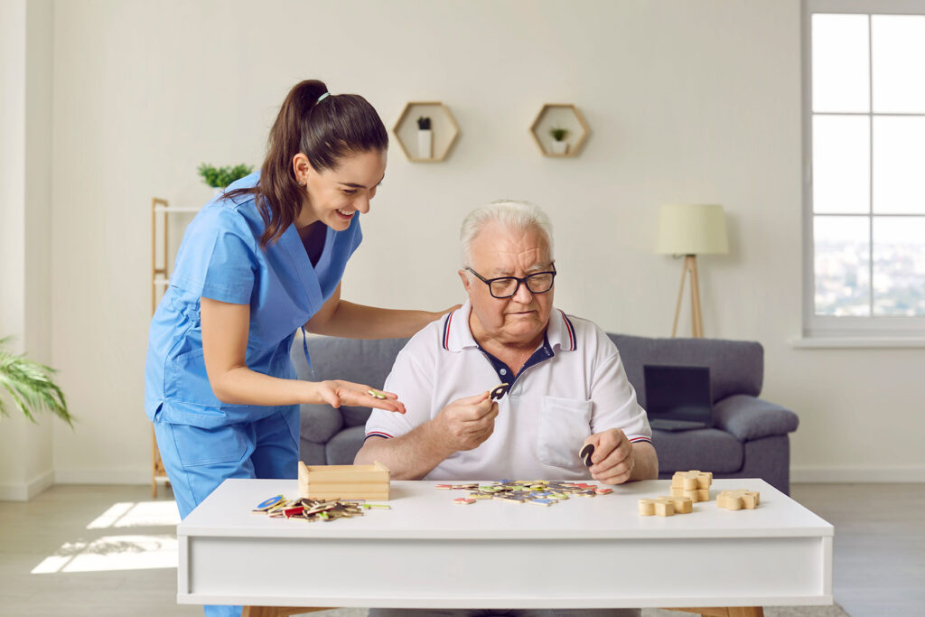 Nurse helps senior in senior independent living facility in Houston, TX