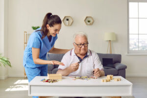 Nurse helps senior in senior independent living facility in Houston, TX