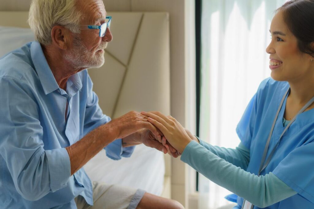 Senior works with nurse in long-term skilled nursing care Houston, TX
