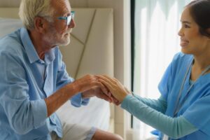 Senior works with nurse in long-term skilled nursing care Houston, TX