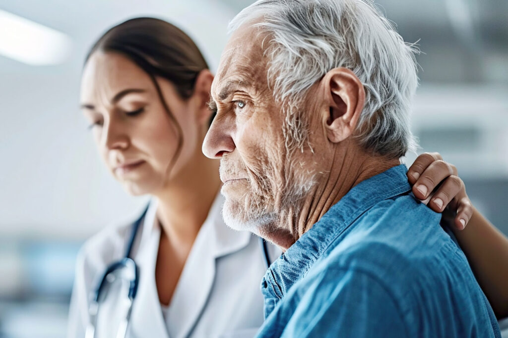 Doctor puts arm around senior while talking to him about research and developments in Alzheimer’s and dementia care